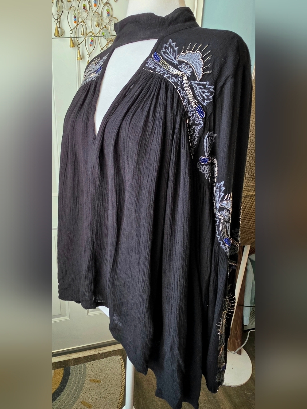 Free People Sweet Fantisy High Low Tunic Womens M Black Blue Embroidered Boho